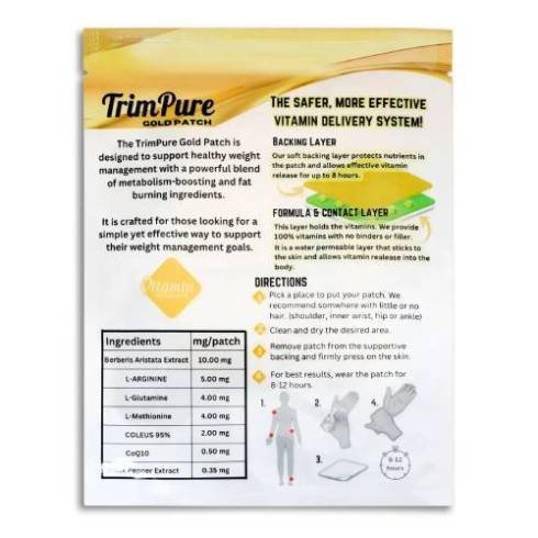 Illustration of TrimPure Gold Patch promoting energy boost, fat-burning, and improved digestion